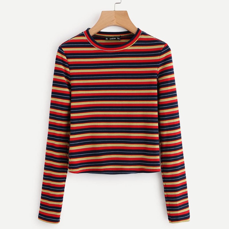 

Colorful Striped Ribbed Tee, Multicolor
