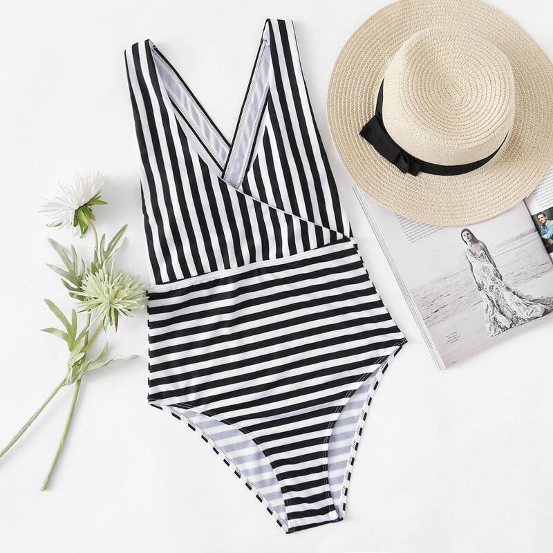 

Cross Back Striped One Piece Swimsuit, Black and white