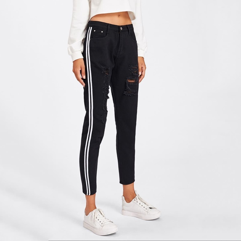 

Contrast Stripe Ripped Jeans, Black
