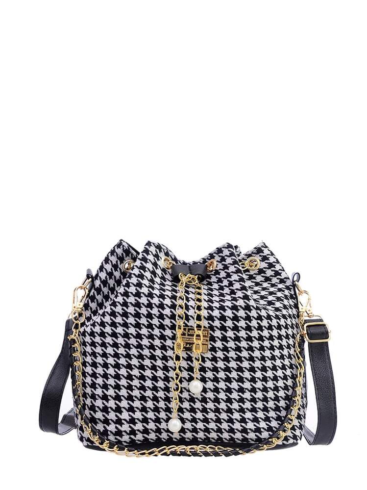 Houndstooth Print Tassel Drawstring Bucket Bag - Black and White - View 1