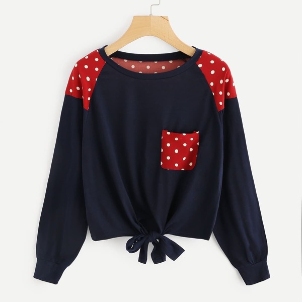 

Dot Contrast Self Tie Front Sweatshirt