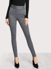 SHEIN Elasticized Waist Plaid Leggings - Dark Grey - View 1