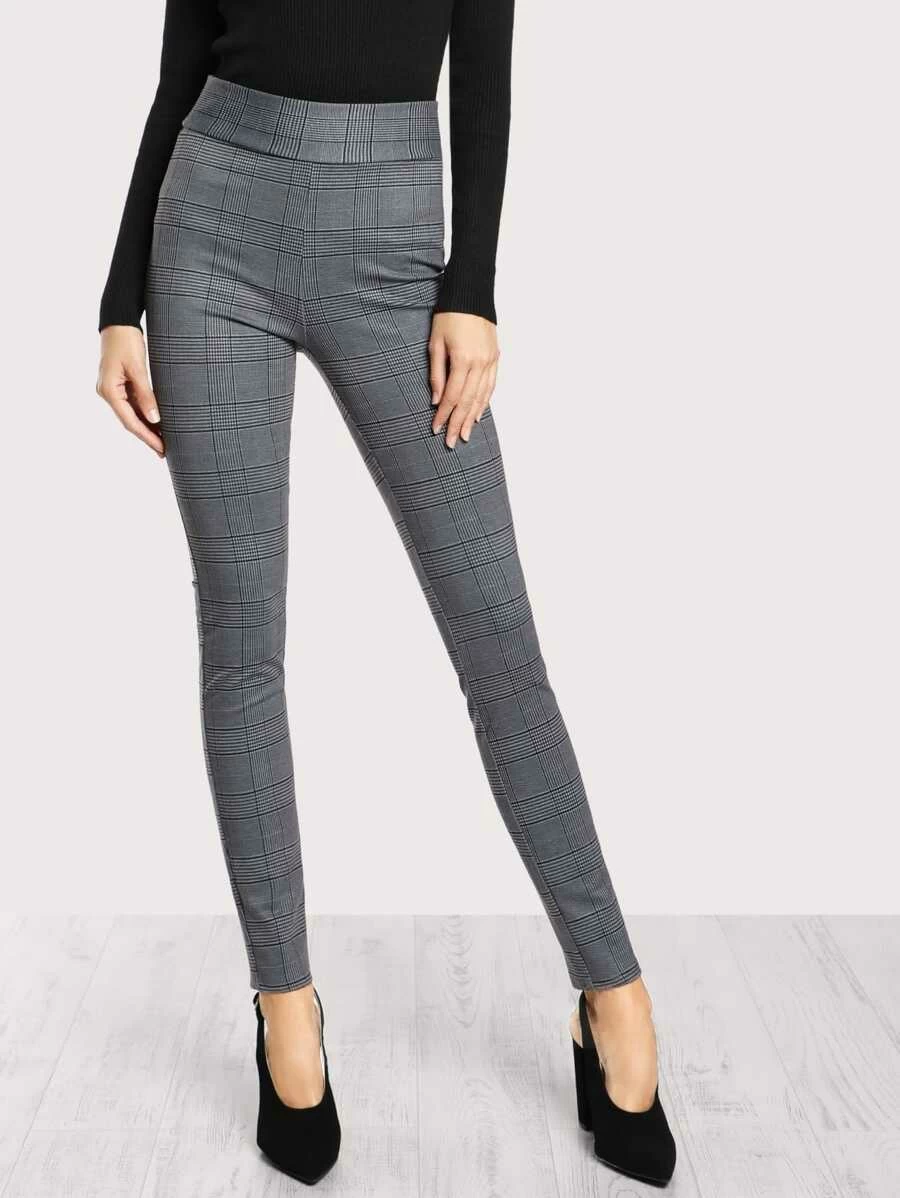 SHEIN Elasticized Waist Plaid Leggings - Dark Grey - View 1