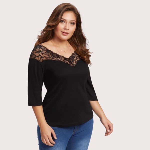

Plus V Neckline Lace Panel Tee