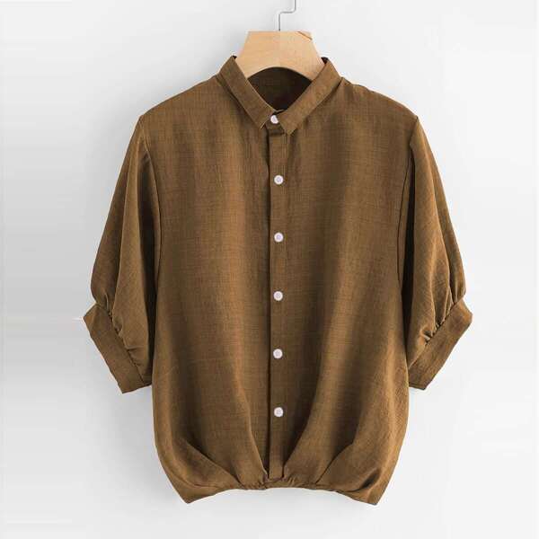 

Lantern Sleeve Gathered Hem Shirt, Brown
