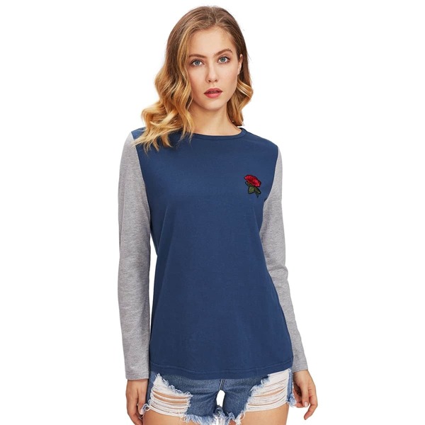 

Contrast Sleeve Rose Appliques Tee, Navy