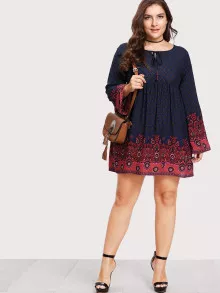 SHEIN Plus Tie Neck Ornate Print Dress - Multicolor - View 3