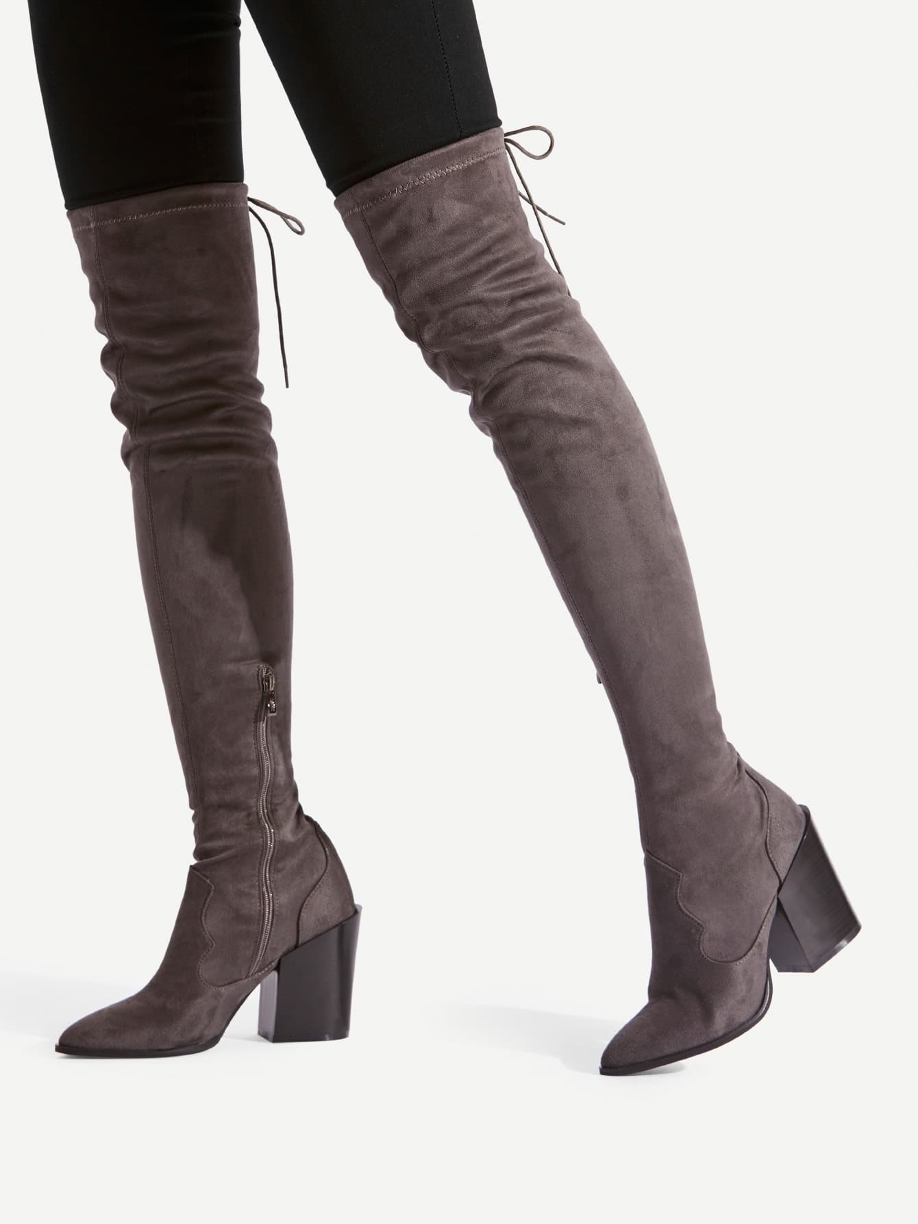 pointed toe block heeled thigh high boots