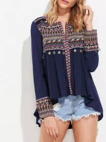 SHEIN Tribal Embroidered Dip Hem Smock Top - Multicolor - View 3