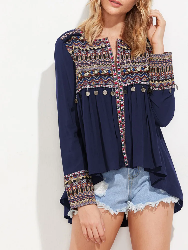 tribal embroidered dip hem smock top