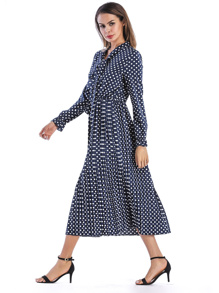 Bow Tie Neck Spot Pleated Dress