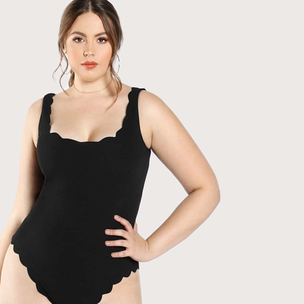 

Plus Scallop Trim Tank Bodysuit, Black