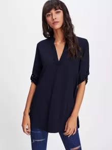 SHEIN LUNE Roll Tab Sleeve Curved Hem Shirt - Navy Blue - View 5