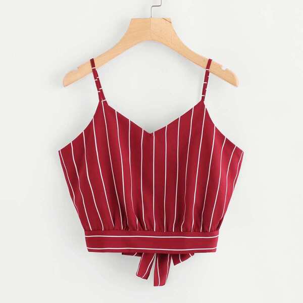 

Striped Split Tie Back Crop Cami Top, Red