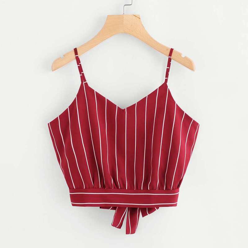 

Striped Split Tie Back Crop Cami Top, Red