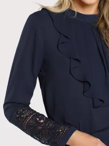 SHEIN Jabot Collar Guipure Lace Cuff Top - Navy Blue - View 3