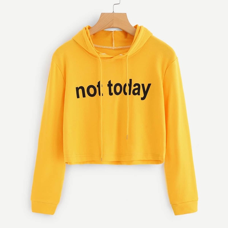 

Slogan Print Crop Hoodie, Yellow