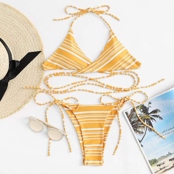 

Crisscross Back Halter Top With Tie Side Bikini, Multicolor