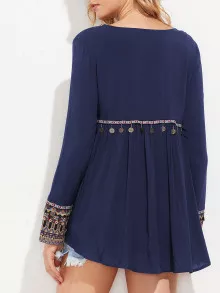 SHEIN Tribal Embroidered Dip Hem Smock Top - Multicolor - View 2