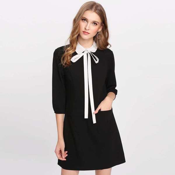 

Contrast Collar Tie Neck Pocket Patch Dress