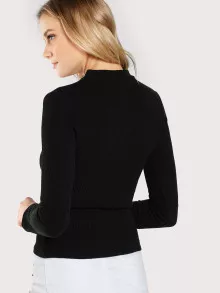 SHEIN Choker Neck Rib Knit T-shirt - Black - View 2