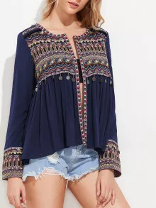 SHEIN Tribal Embroidered Dip Hem Smock Top - Multicolor - View 5