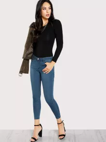 SHEIN Solid Long Sleeve Tee Bodysuit - Black - View 5