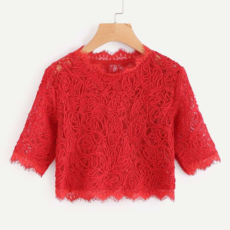 

Hollow Out Eyelash Lace Crop Top, Red