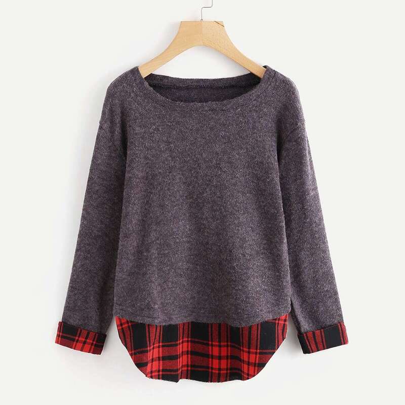 

Rolled Sleeve Plaid Panel Knit Sweater, Multicolor