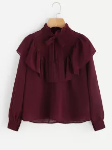 Pussy Bow Zipper Back Flounce Top - Burgundy - View 1
