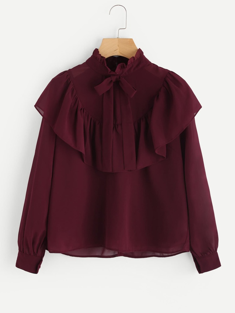 Tie Neck Zipper Back Flounce Top - Burgundy - View 1