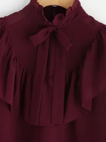 Pussy Bow Zipper Back Flounce Top - Burgundy - View 4