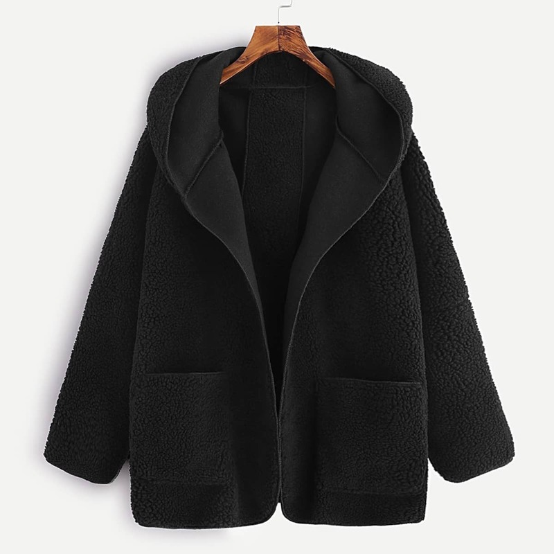 

Drop Shoulder Dual Pocket Hooded Coat, Black