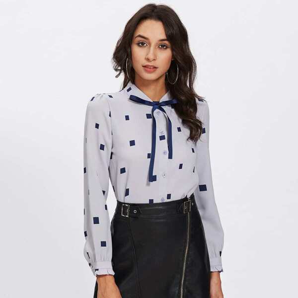 

Square Print Bow Tie Neck Blouse
