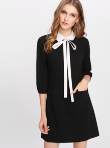 Contrast Tied Collar Pocket Detail Dress