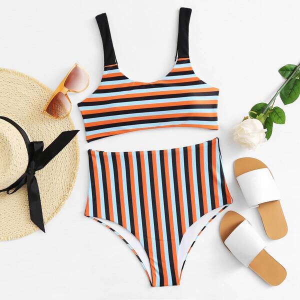 

Multicolor Stripe Tank Top With High Waist Bikini
