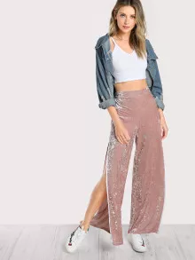 SHEIN Elasticized Waist Velvet Trousers - Dusty Pink - View 5