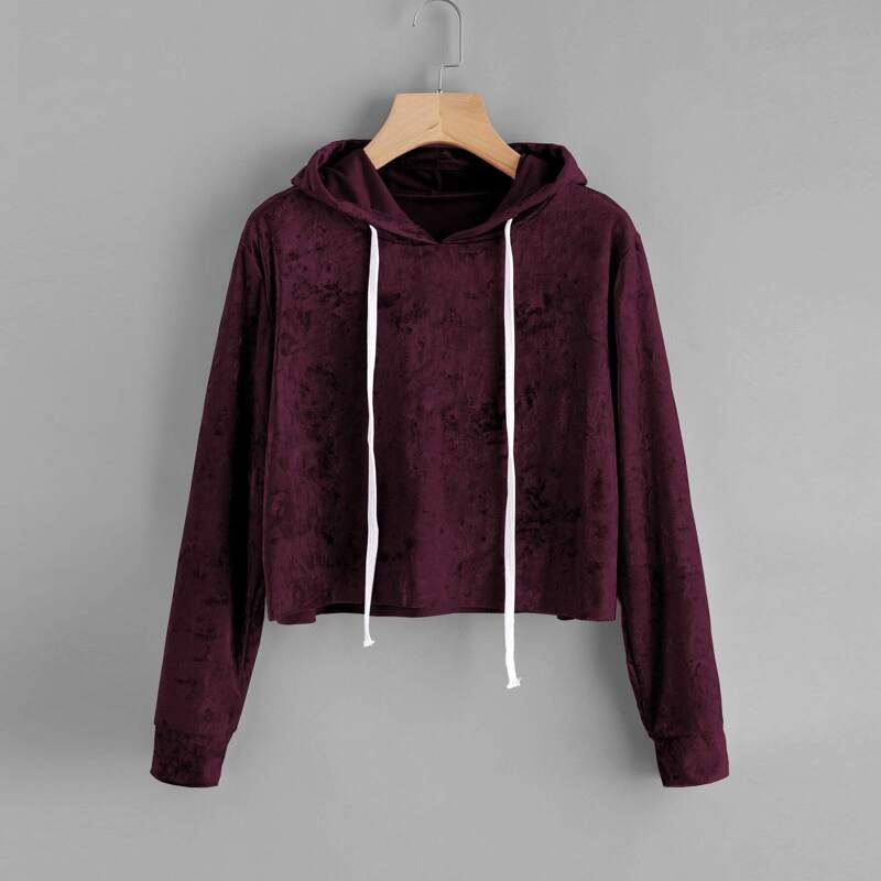 

Velvet Drawstring Crop Hoodie, Burgundy