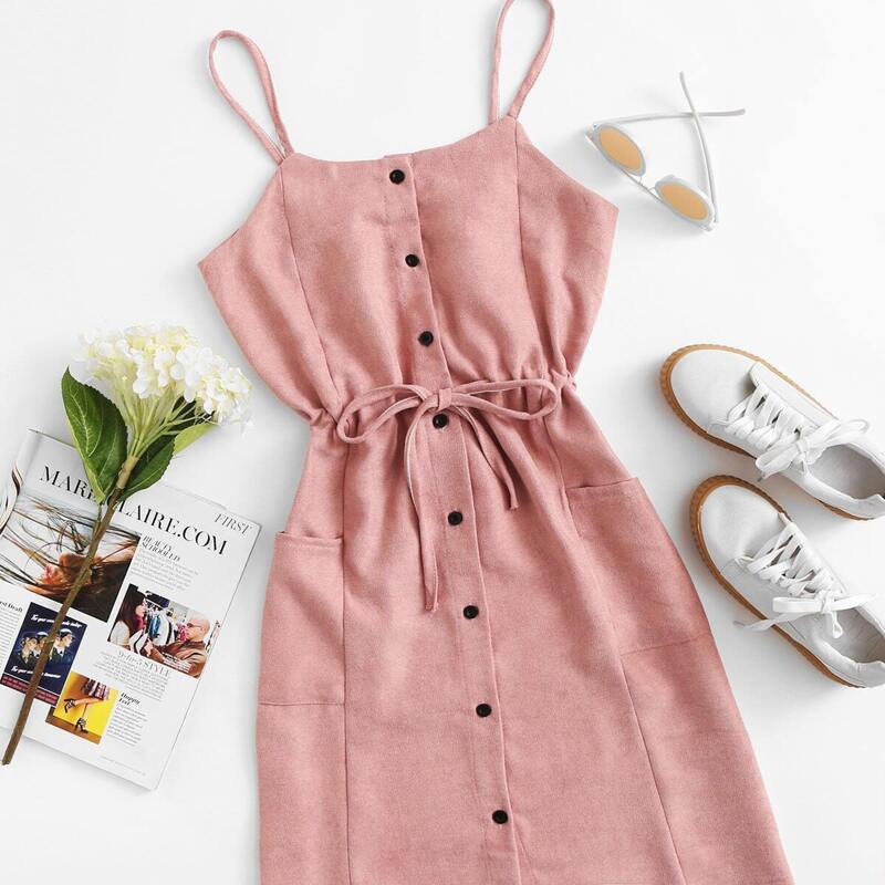 

Single Breasted Drawstring Waist Pocket Side Dress, Pink