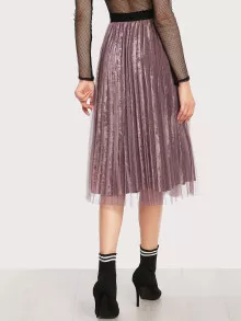 Mesh Overlay Pleated Velvet Skirt