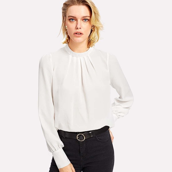 

Puff Sleeve Button Keyhole Back Chiffon Top, White