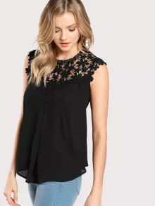 SHEIN Clasi Guipure Lace Yoke Button Shell Top - Black - View 3