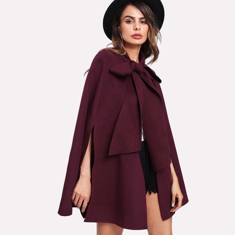 

Slit Back Tied Front Cape Coat, Burgundy