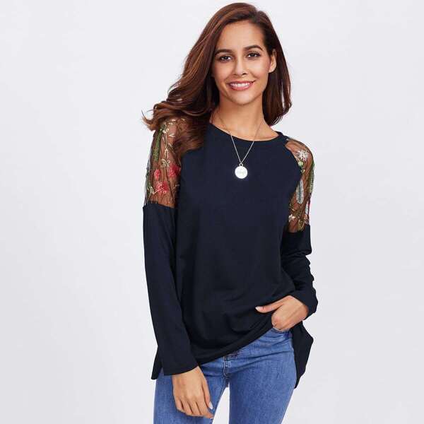 

Embroidered Botanical Mesh Insert Tee