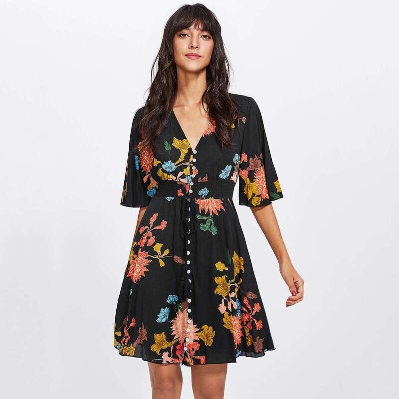 

Trumpet Sleeve Tassel Button Front Dress, Multicolor