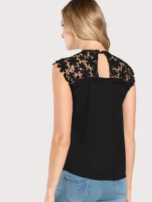 SHEIN Clasi Guipure Lace Yoke Button Shell Top - Black - View 2