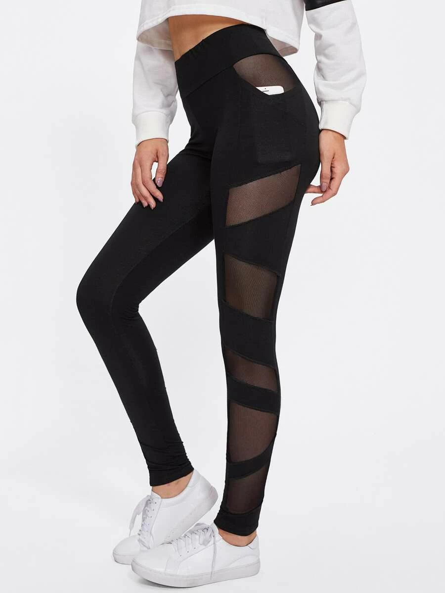 SHEIN Sheer Mesh Panel Leggings - Black - View 1