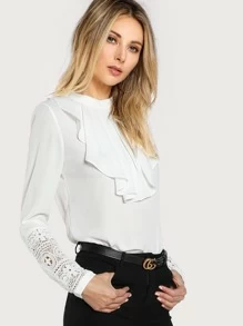 SHEIN Guipure Lace Sleeve Jabot Top - White - View 3