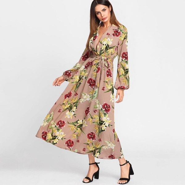 

Lantern Sleeve Surplice Front Floral Dress, Multicolor