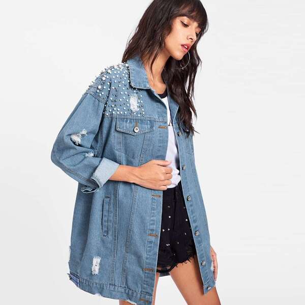 

Pearl Beaded Detail Ripped Denim Jacket